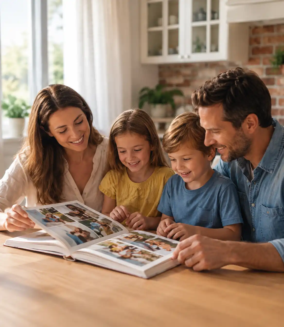 Familia viendo álbum de fotos